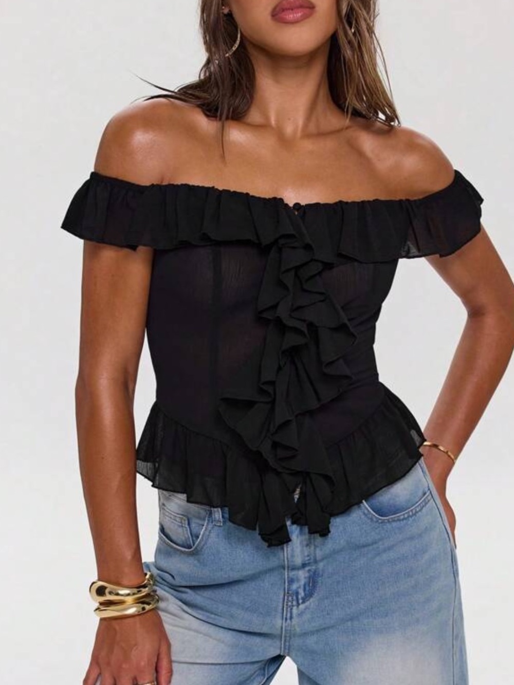 Off-Shoulder Ruffled Mesh Black Women's Top